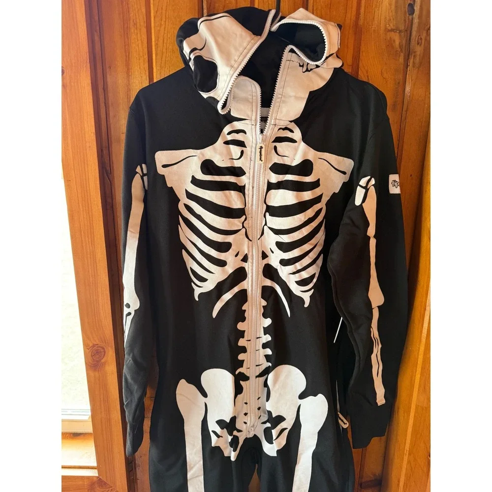 Tipsy Elves Mens Skeleton Jumpsuit Small Black White Full Zip Hoodie Costume - Picture 3 of 5